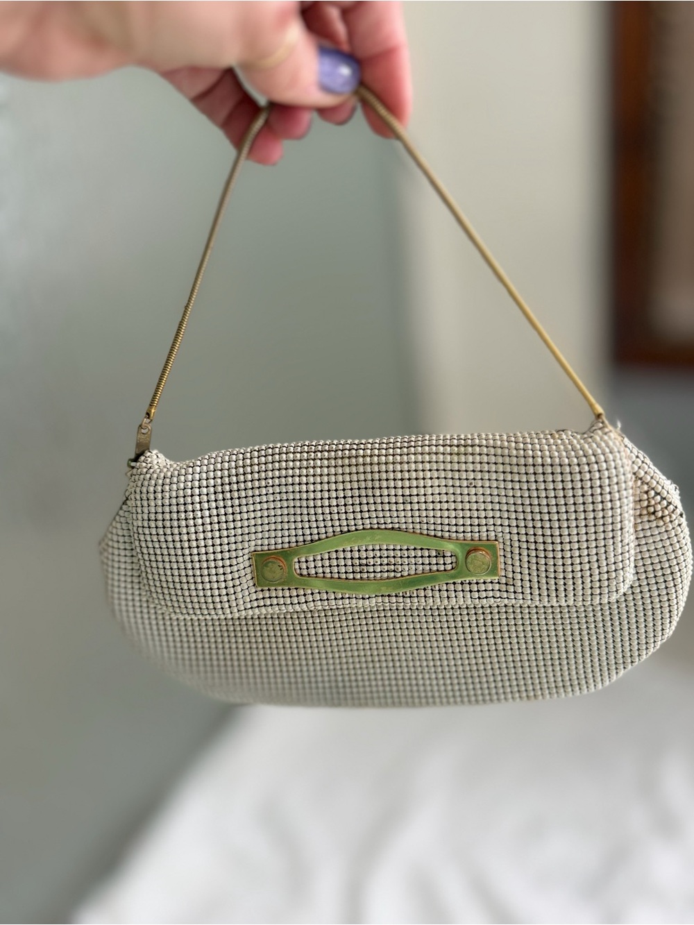 Vintage Whiting & Davis white/ivory enamel mesh foldover flap handbag